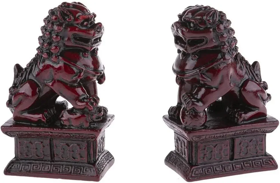 Red Chinese Lions - 2 Fu Dogs Figurines Chinese Asian Decoration - Shui Feng Decoration for Home Asian Gift Idea