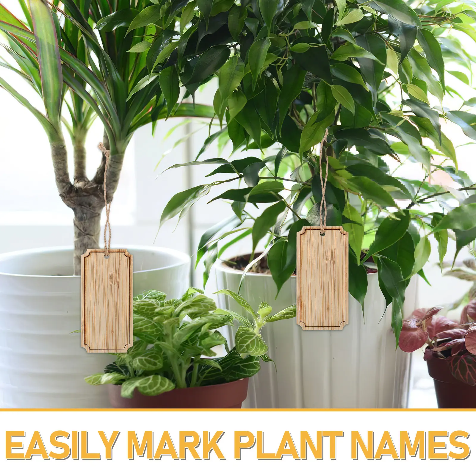 20Pcs Bamboo Plant Tags Rectangle Hanging Garden Markers Blank Reusable Outdoor Plant Labels with Rope Decorative Nursery Garden