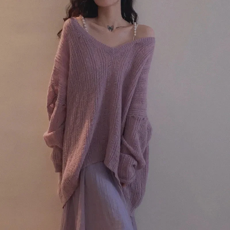 Sexy Off Shoulder Thin Pullover Women Korean Fashion Loose Chic Pearl Top Solid Casual Slightly Transparent Mid Length Sweaters