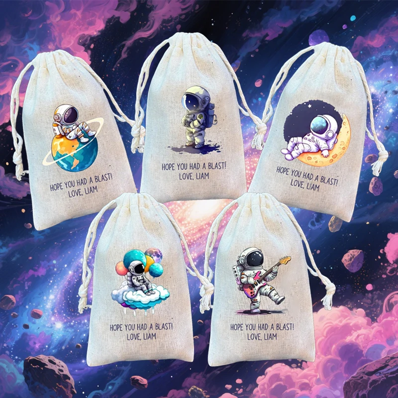 

5pcs Personalised Hope You Had A Blast！Outer Space Astronaut Drawstring Gift Bag Birthday Party Baby Shower Decoration Supplies
