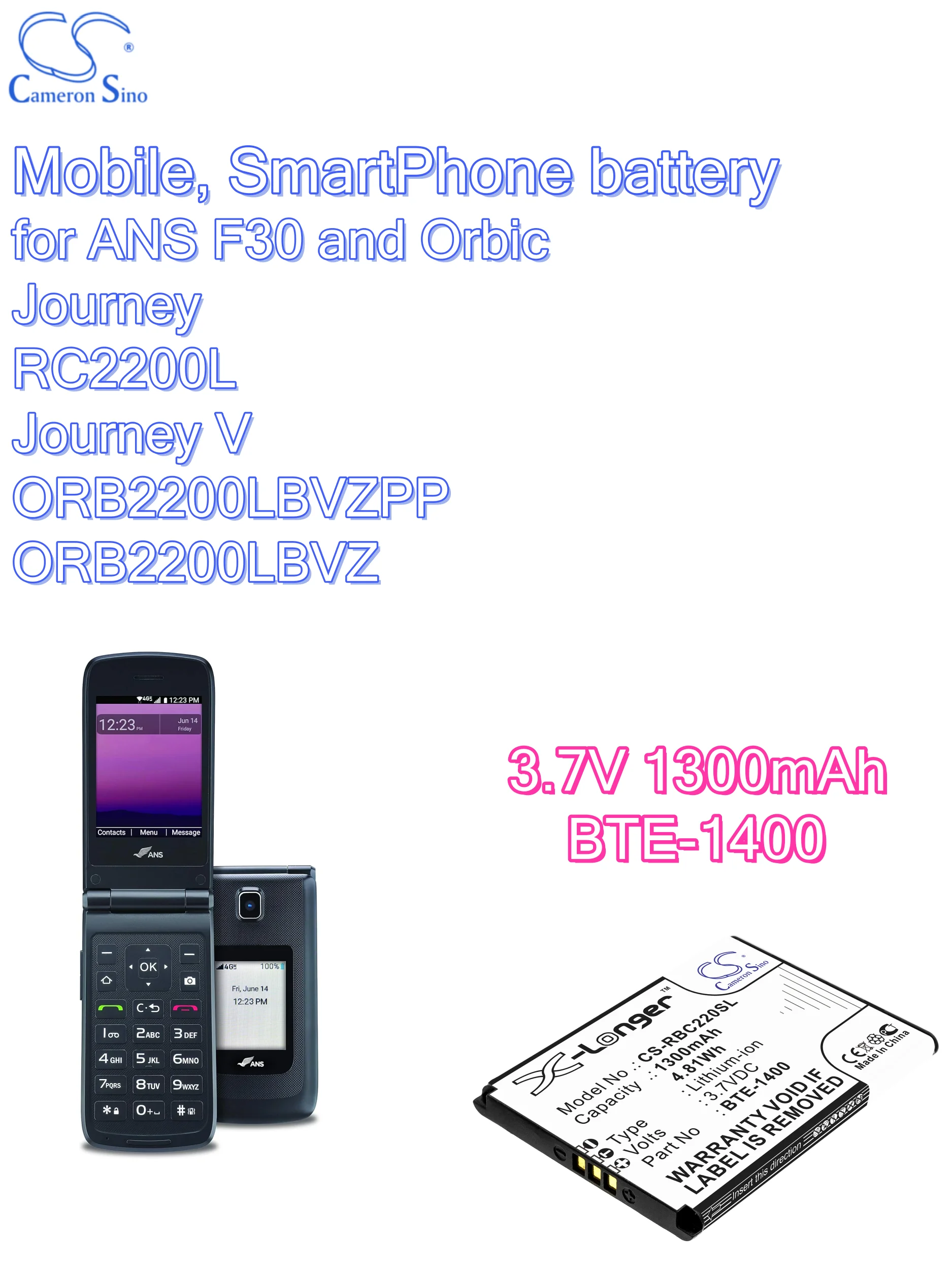 battery Cameron sino batters Mobile, SmartPhone battery 3.7V 1300mAh for ANS F30 Orbic  Journey RC2200L Journey V ORB2200LBVZPP