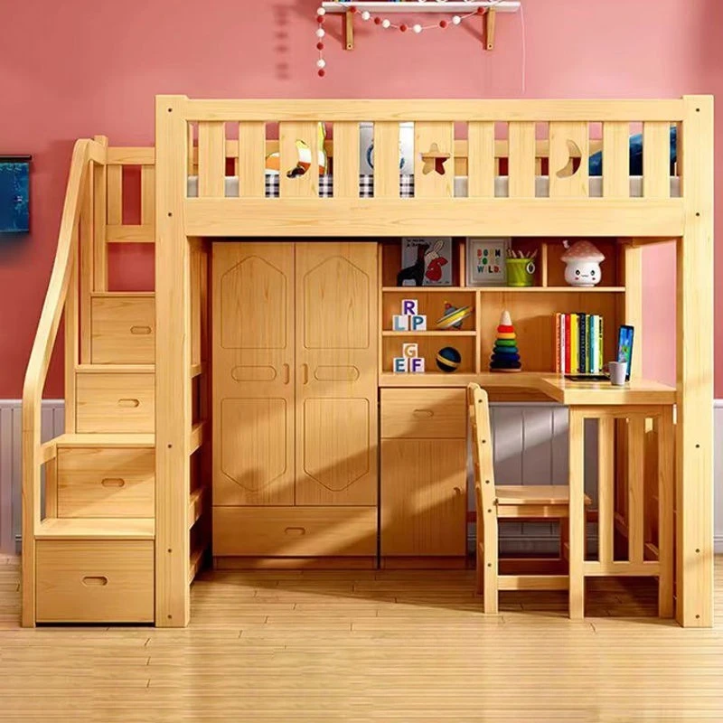 Solid wood high and low bed integrated wardrobe multi-functional desk study bed elevated small apartment