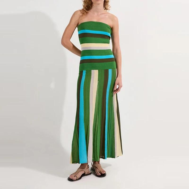 Nouvelle Robe d'été élégante sans manches, épaules dénudées, taille haute, coupe ajustée, style vintage à rayures imprimées, idéale pour les vacances et le quotidien