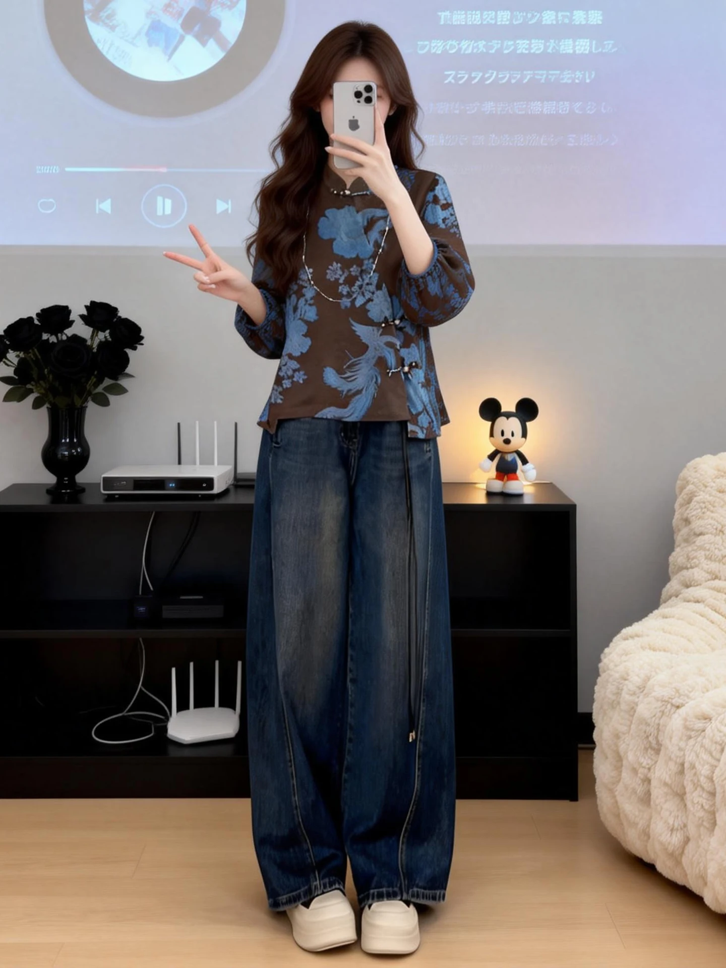

New 2026 Chinese Style Stand Collar Button up Women's Outfit with Wide Leg Jeans Two Piece Set Fashionable Versatile Casual C...