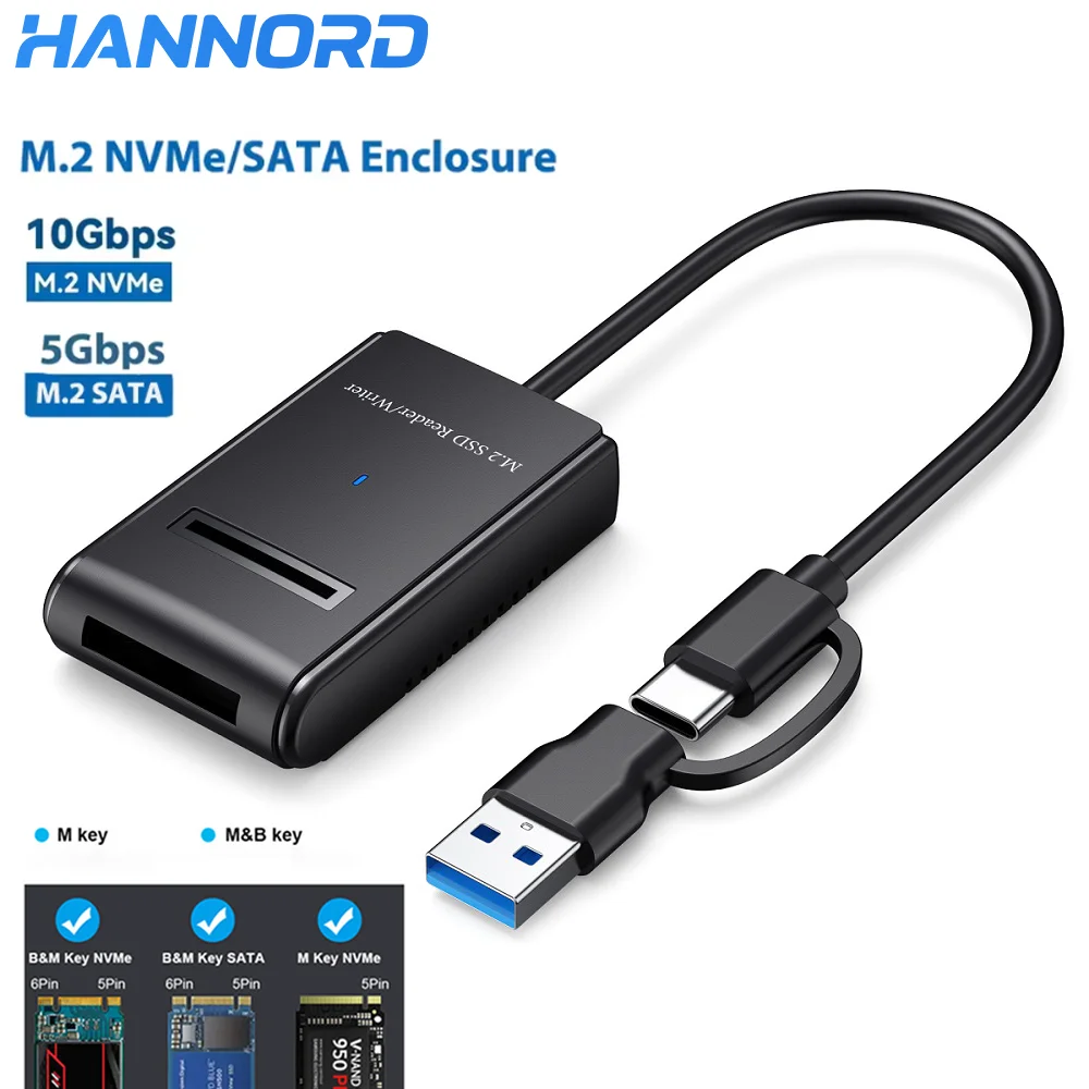 Hannord M.2 SSD Case 10Gbps Dual M.2 SATA/NVMe SSD To USB 3.1 External Enclosure Type C SSD Adapter for NVME PCIE NGFF SATA Box