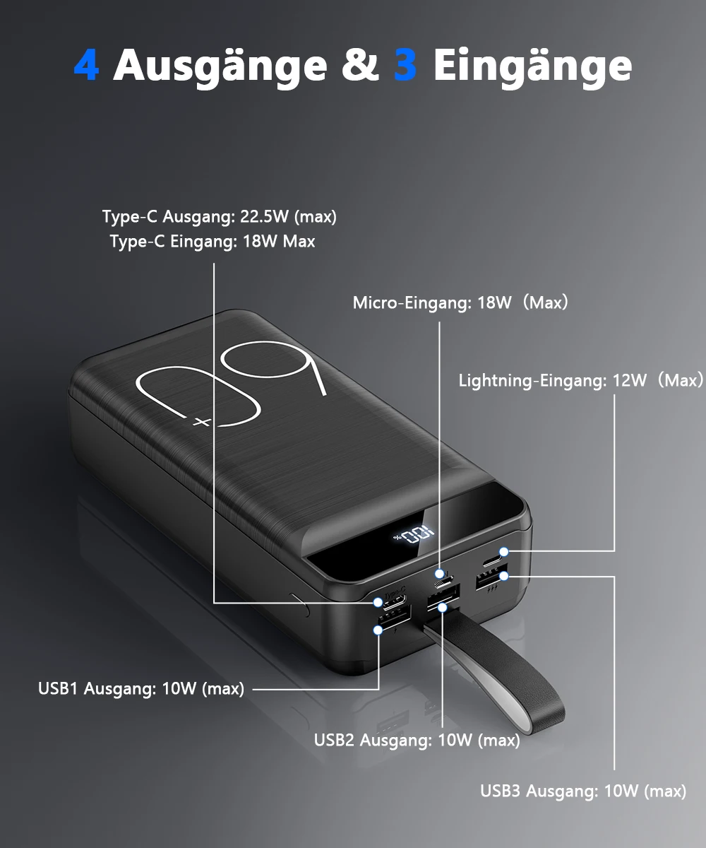 Hganus 60000mAh Powerbank 22,5W Schnellladung mit Taschenlampe Tragbare Powerbank Externer Akku für iPad iPhone Samsung Xiaomi – Detail 2