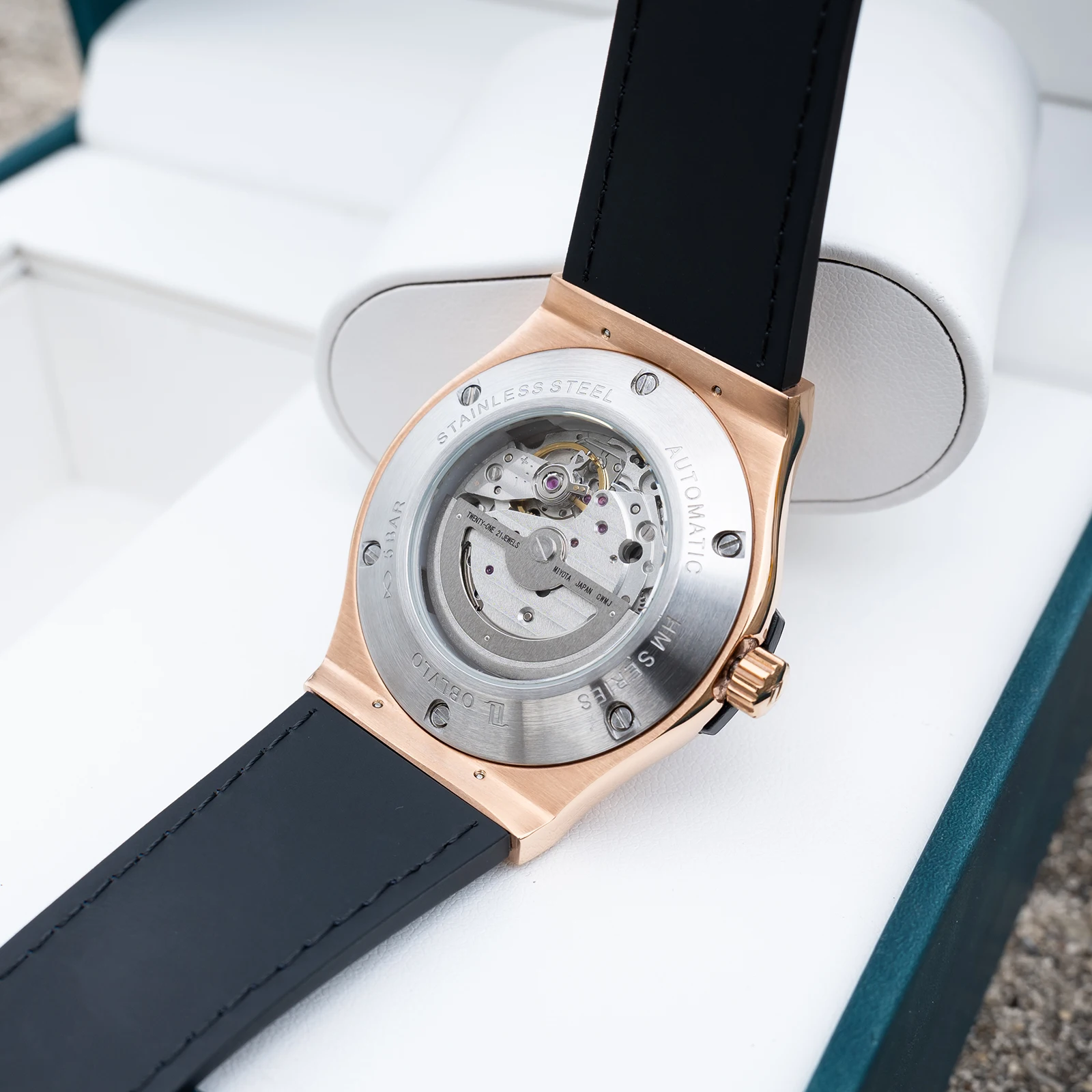 OBLVLO Men's Fashion Rose Gold 44mm Hollow-out Automatic Watch Waterproof Brown Leather Strap Mechanical Clock with Date HM-GT