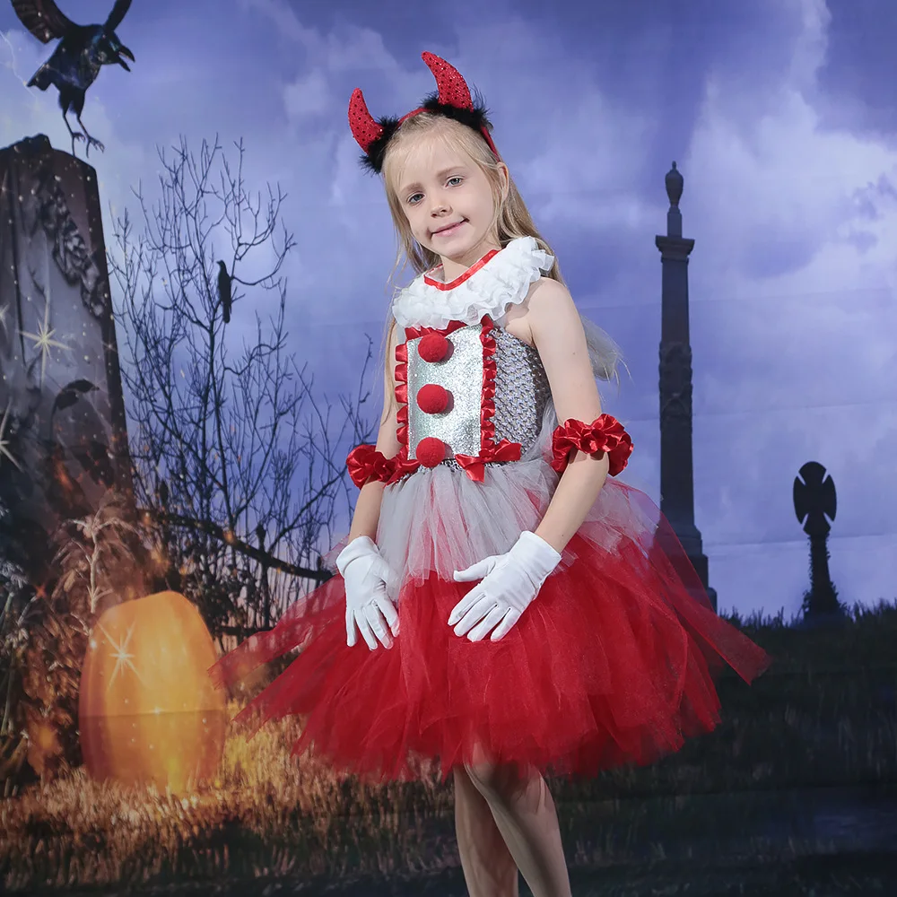 Children Elegant Red Devil Mesh Tutu Dress With Halloween Accessories Outfit Carnival Masquerade Weird Themed Fancy Party Skirt