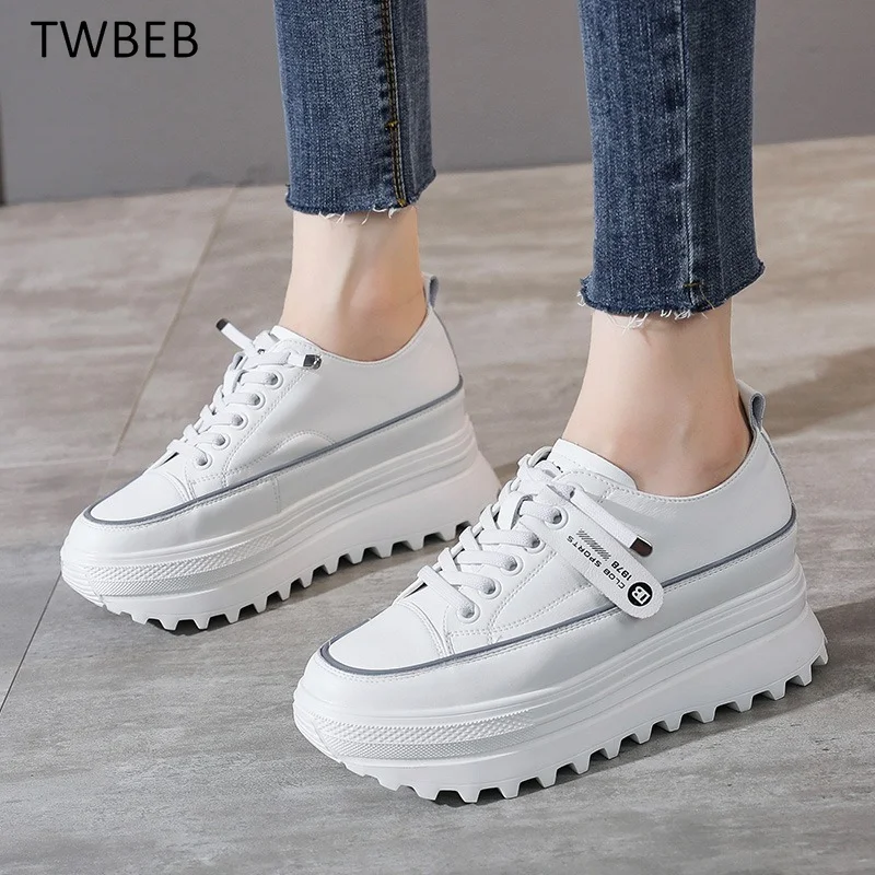 

Spring Autumn Fujin 5.5cm Genuine Leather Platform Wedge Shoes Ladies Sneaker White Casual Shoes Comfortable Breathable Shoes