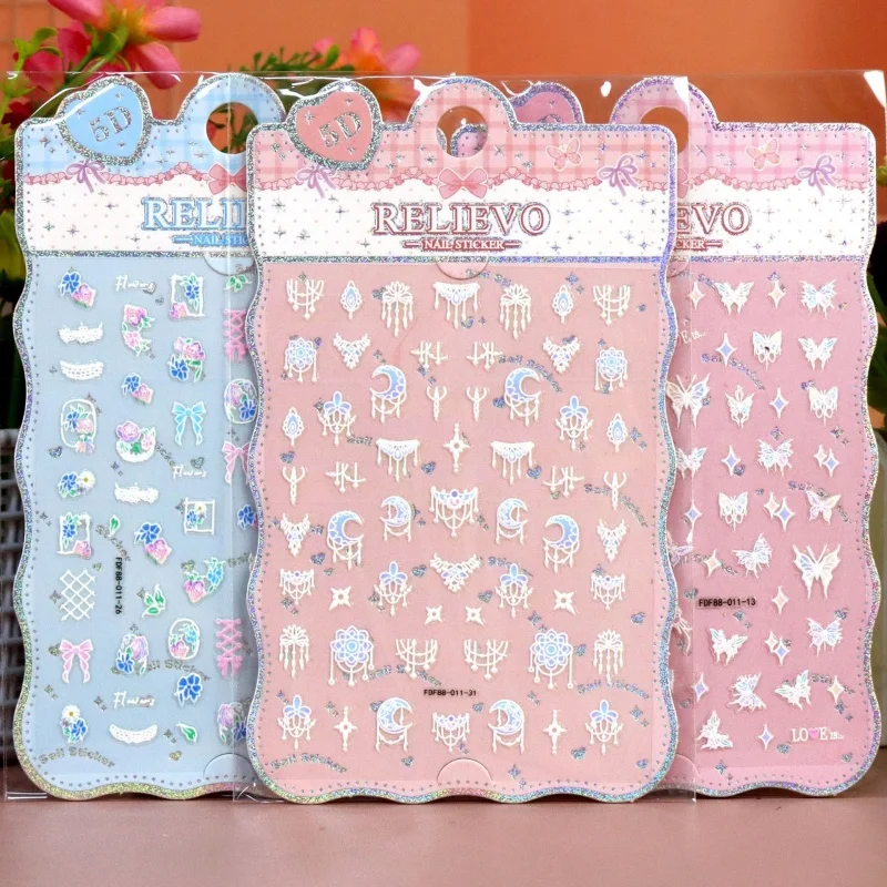

Relievo 5d Nail Stickers Embossed Waterproof Kids Nail Art Decals With Flower Moon Star Heart Patterns Manicure Child Gift