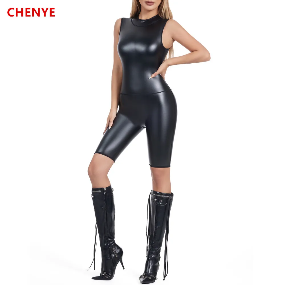 Women Faux Leather Bodysuits Short Romper Jumpsuit Leotard Tank Tops Body Shapers Metallic Back Zip Stretch BlouseLady Shapewear