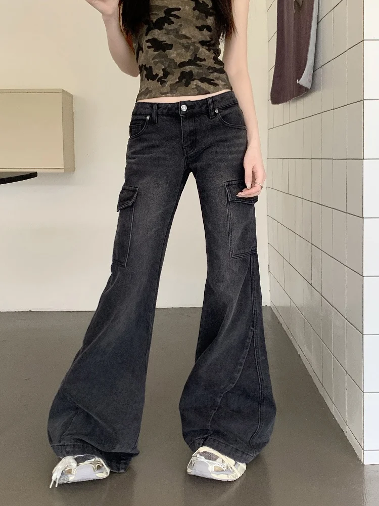 

2025 Trashy Y2K Fashion Low Rise Black Slim Flare Cargo Jeans Pants For Women Clothing Korean Casual Lady Trousers Ropa Mujer