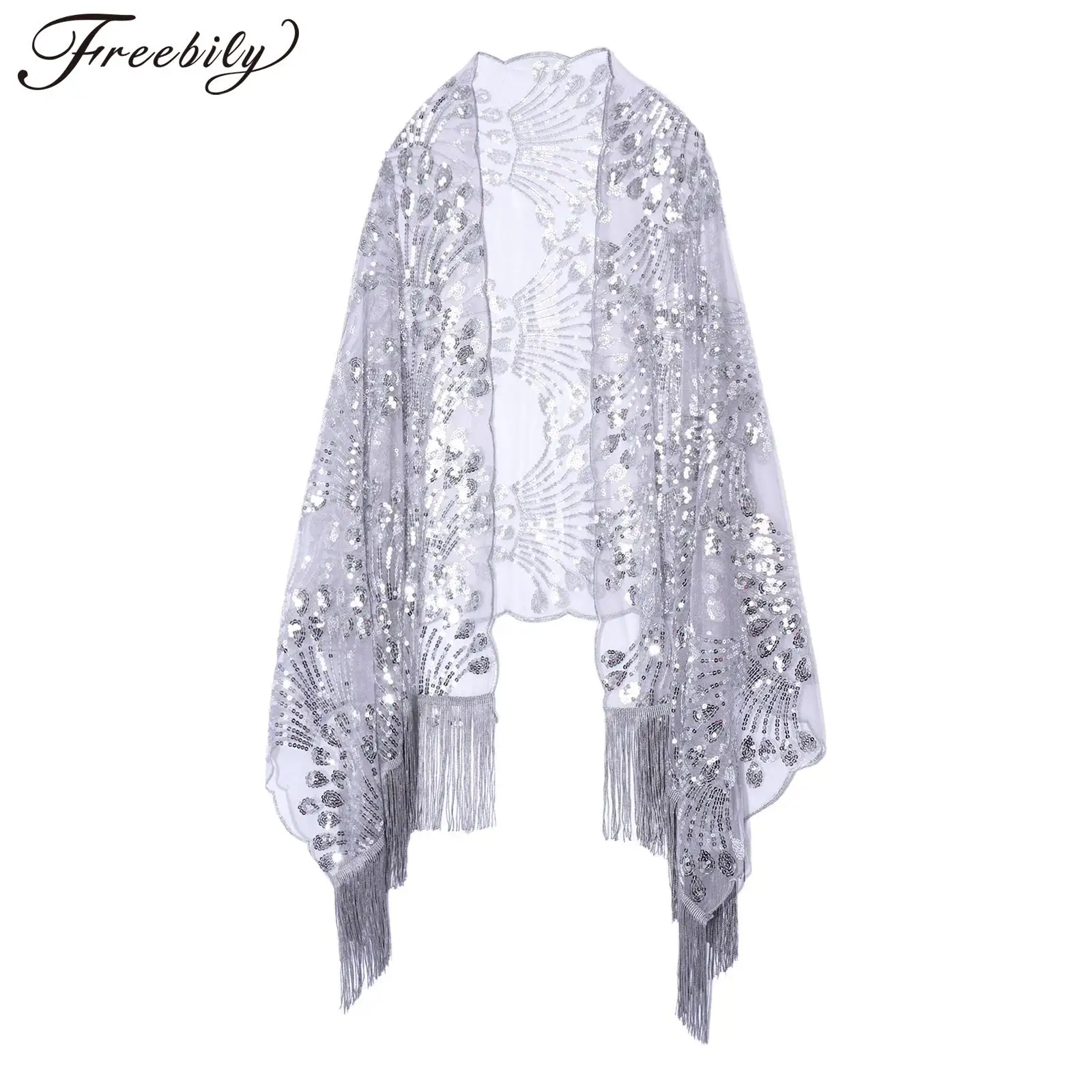 

Women Evenings 1920s Wraps Cover Ups Accessories Retro Embroidered Shawl Wrap Sequined Tassel Sheer Mesh Cape Sundress Coverups