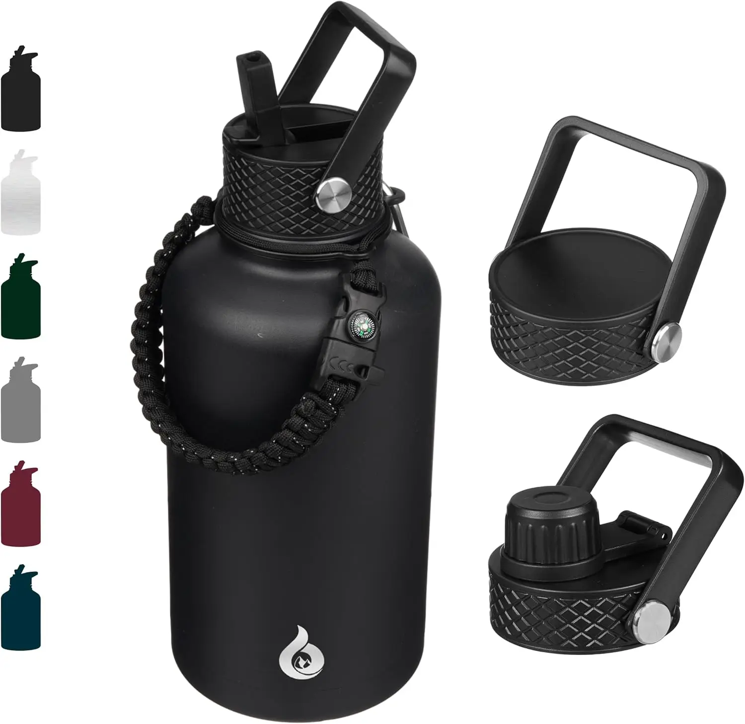 

64oz Insulated Stainless Steel Water Bottle with Straw Lid, 3 Lids & Paracord Handle for Hot/Cold Drinks