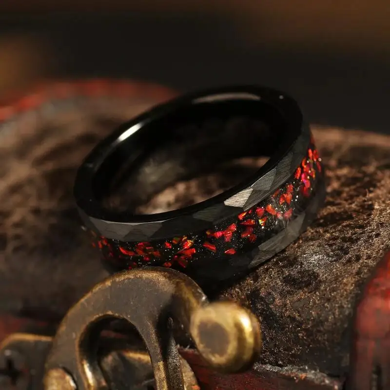 Diamond Shaped 8mm Red Fire Stainless Steel Ring Men Women's Black Background Red Fragments Wedding Ring Jewelry Surprise Gift