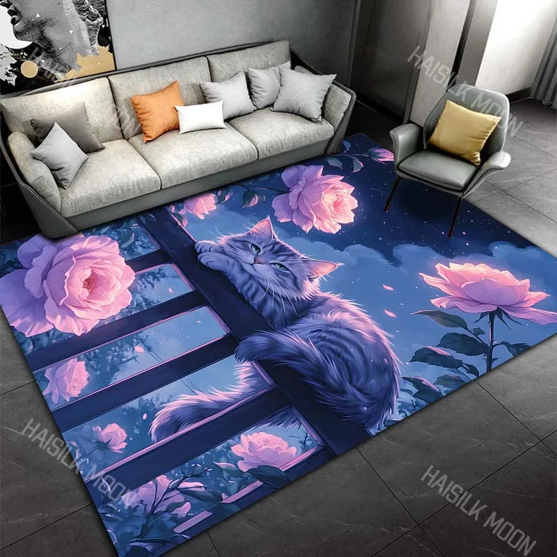 1PC Moonlit roses fence relaxed cat Carpet for Living Room Bedroom Sofa Home Decor Rus Non-slip Floor Mat Luxury Gift