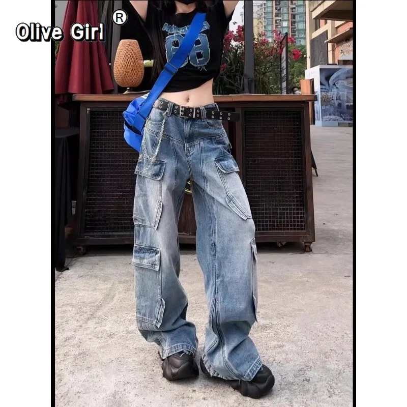 

Olivegirl American Denim Jeans Women's Pants Big Pocket Tooling Spring Straight-leg Trousers High Waist Pants Wide-leg