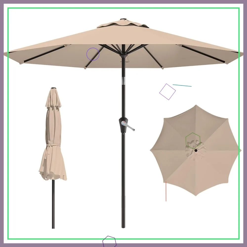 

9-футовый зонт для уличного патио с кнопкой наклона, рукояткой и 8 прочными ребрами для использования в саду, бассейне и рынка