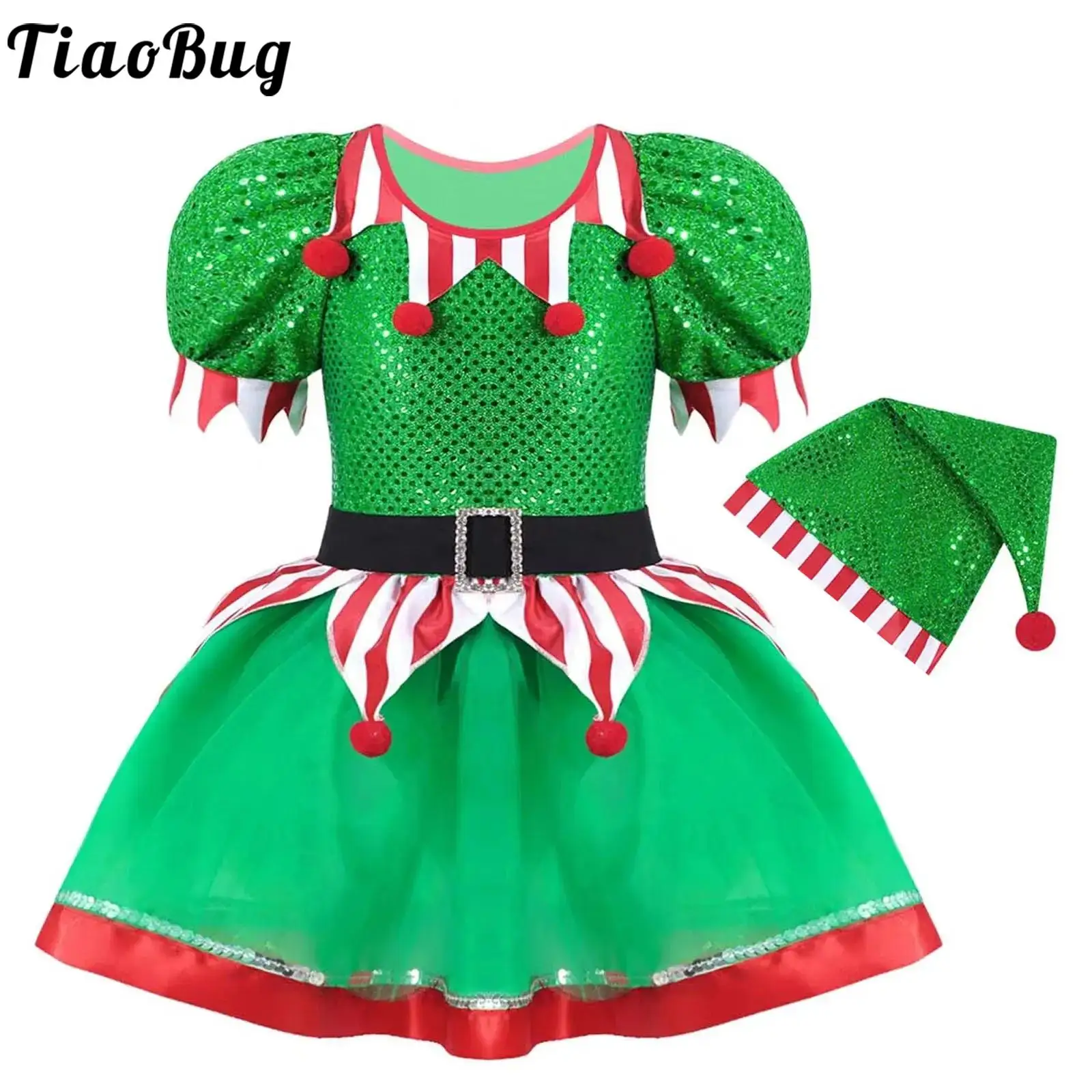 

Girls Christmas Elf Costume Outfits Candy Cane Shiny Sequins Xmas Party Mesh Tutu Dress With Hat Set Mrs Santa Claus Suit