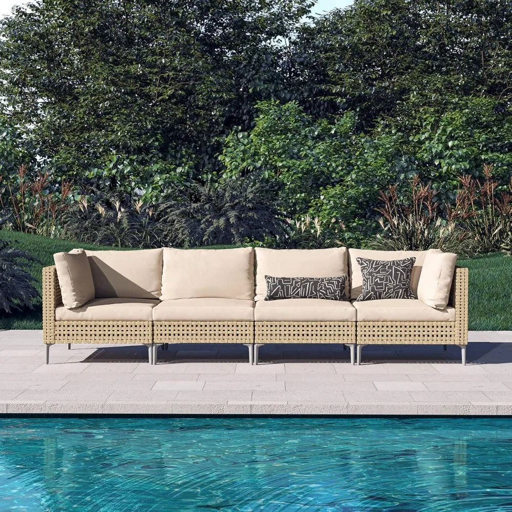 4-Piece Wicker Patio Furniture Set, Boho Outdoor Sectional Sofa with Water Resistant Thick Cushions