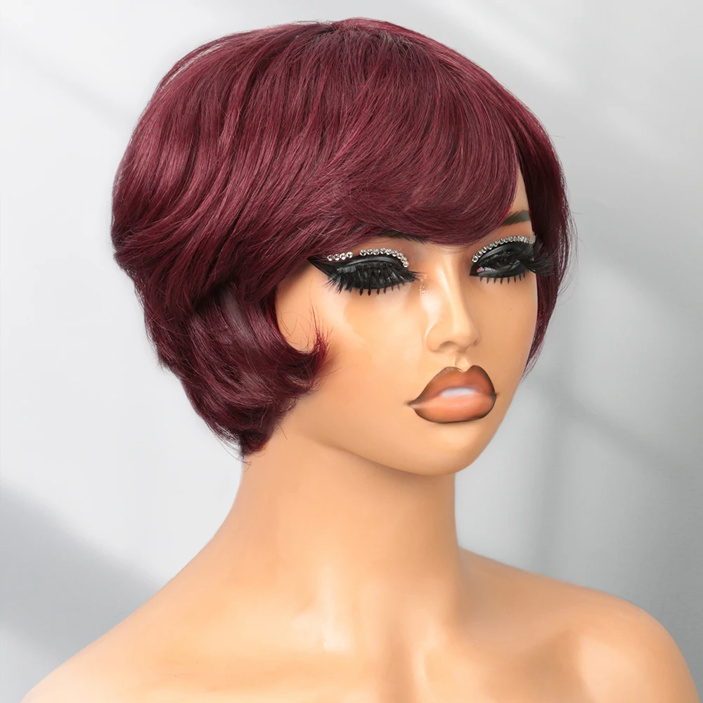 

Short Human Hair Wig Pixie Cut Wig for Black Women Human Hair Burgundy 99J Colored Short Haircut wig Glueless Wig with Bangs