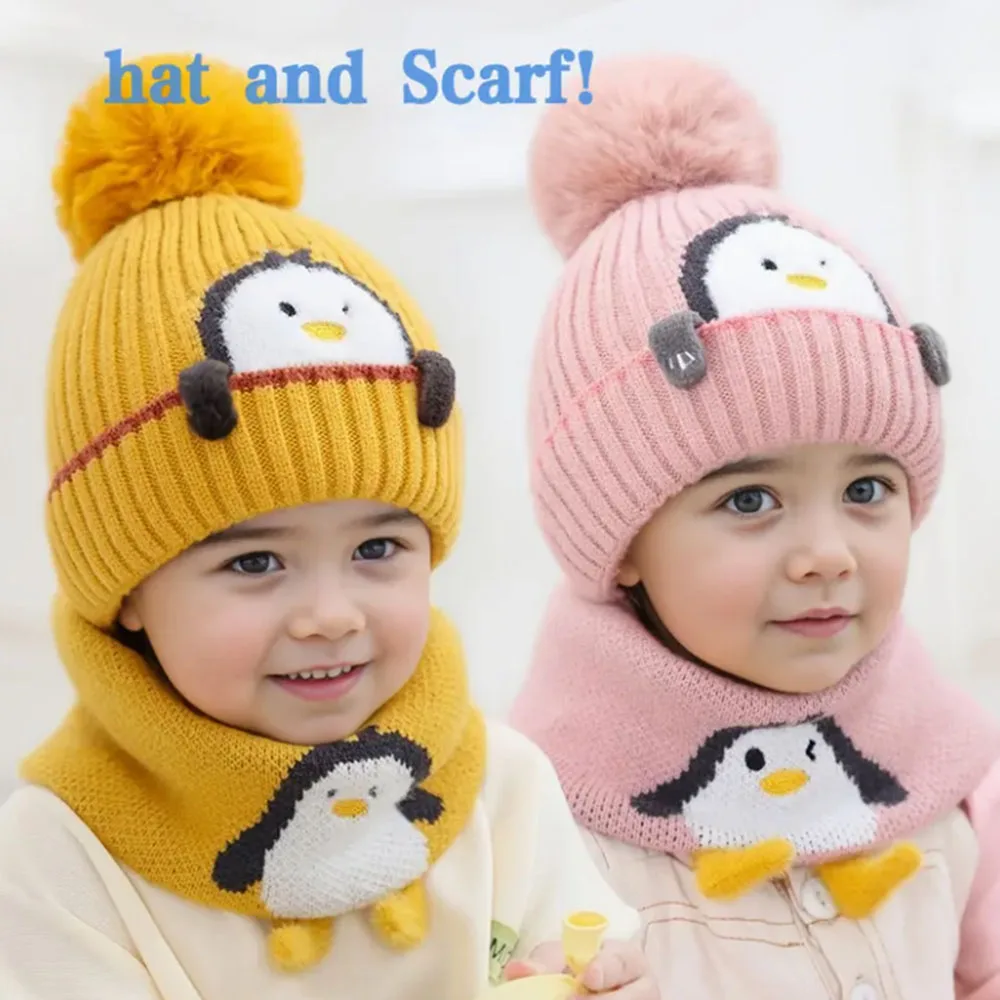 

2pcs Set Hat + Scarf Autumn and Winter Baby Hat for Boys, New Winter Hat for Girls Lightweight, Fitted, Knit Fabric, Cartoon