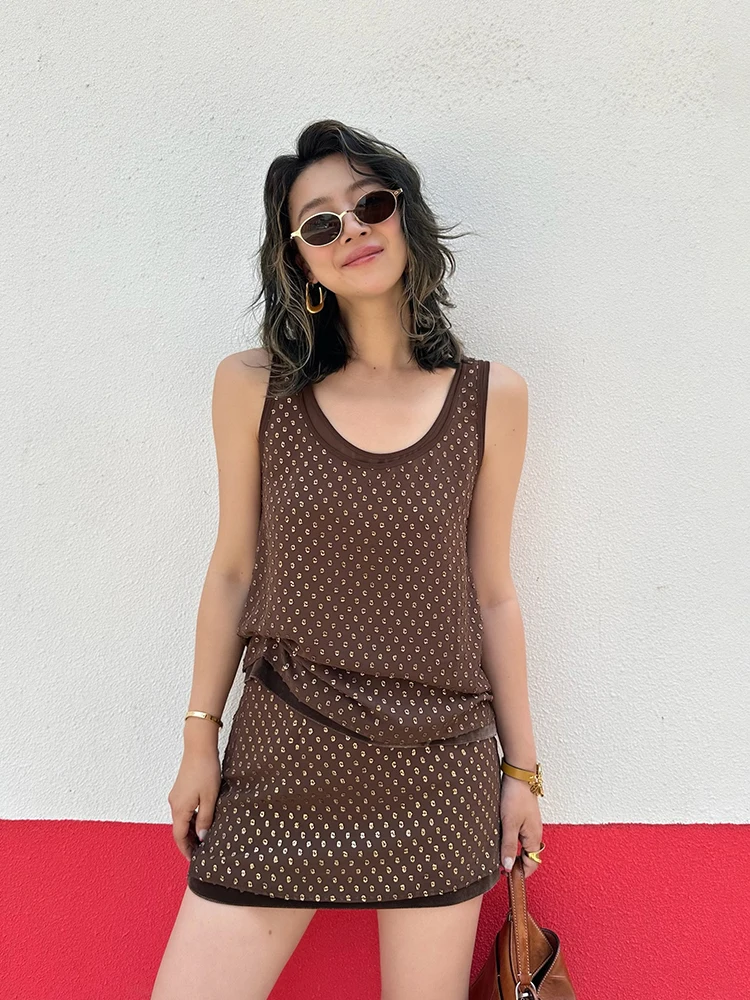 

LEDIM WANG White Label Series Women's Summer Outerwear Brown Chiffon Vest Gold Emed Print Loose Fit Regular Length