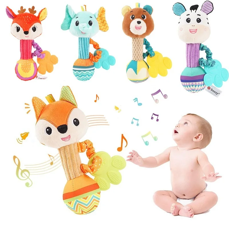 Shaker de chocalhos macios para bebês, desenvolvimento infantil, aperto de mão, brinquedos sensoriais estridentes com mordedor, 0-12M