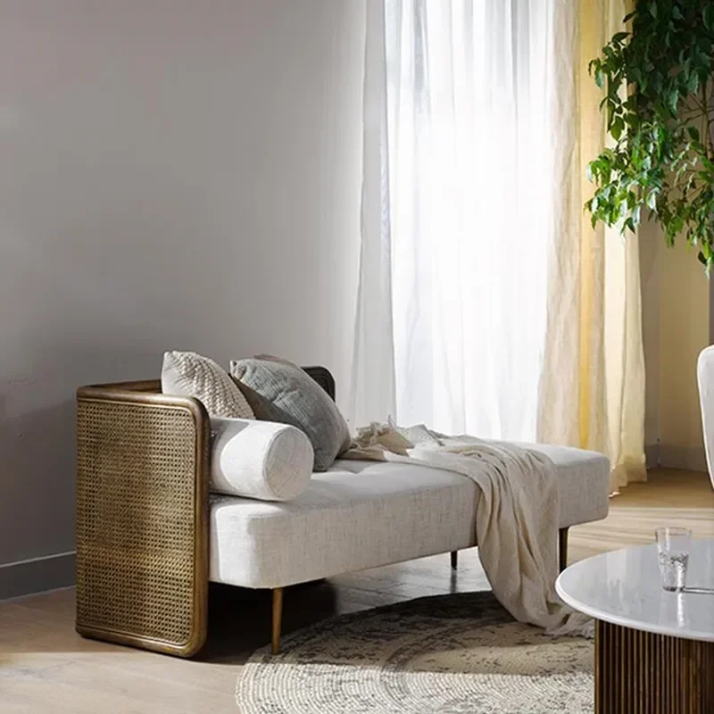 American retro rattan fabric chaise longue, Nordic style homestay living room bedroom sofa