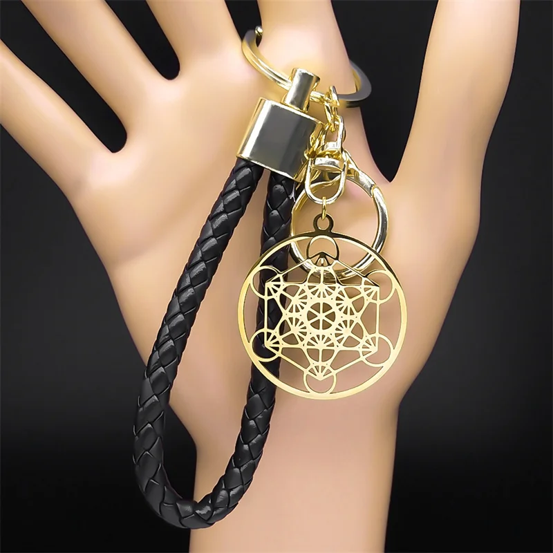 Mysterious Metatron Cube Flower of Life Stainless Steel Keyring Holder Sacred Geometry Salomon Symbol Key Chains Holder Jewelry