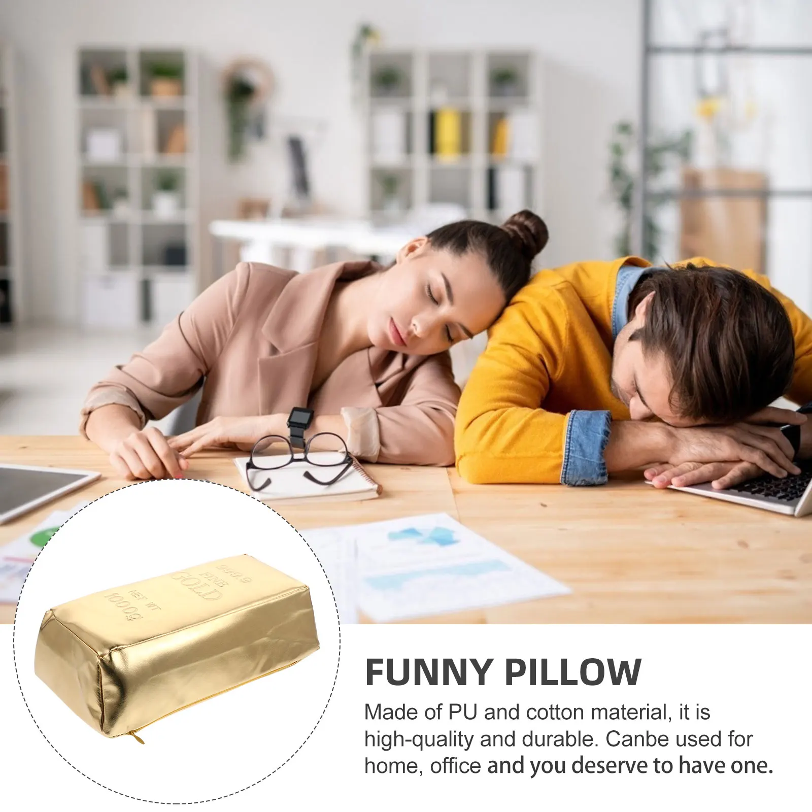 

1Pcs Funny Simulation Gold Brick Pillow Portable Throw Pillow Office Cushion Sofa Home Decor PU Waterproof Easy Clean