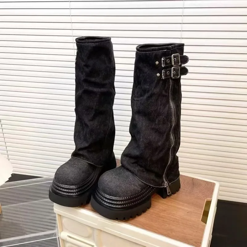 

Удобные сапоги до колена, женские модные высокие сапоги с пряжкой на ремне, однотонные зимние сапоги на среднем каблуке с круглым носком