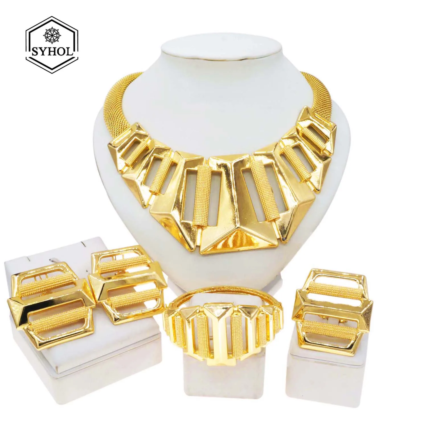 Women Dubai Gold Plate Jewelry Sets For Women Designer Style Gold Color Glossy Necklace Earrings Bracelet Party Women Gift