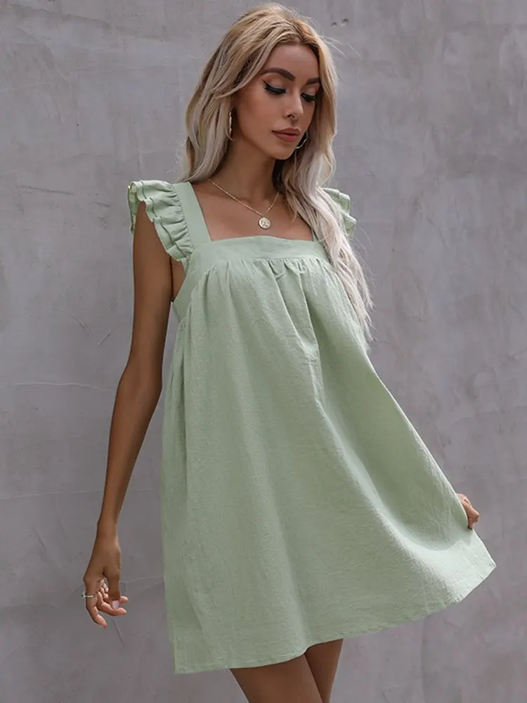 Msfilia Women Summer Square Collar Slip Dress Loose Ruffle Solid Color Cotton Linen Casual Chic Dresses image 5