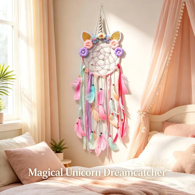 Unicorn Dreamcatcher Wall Hanging, Indian Feather Lace Decor, Creative Home Wall Ornament, Sweet Girl‑Style Wall Art Decor Gift