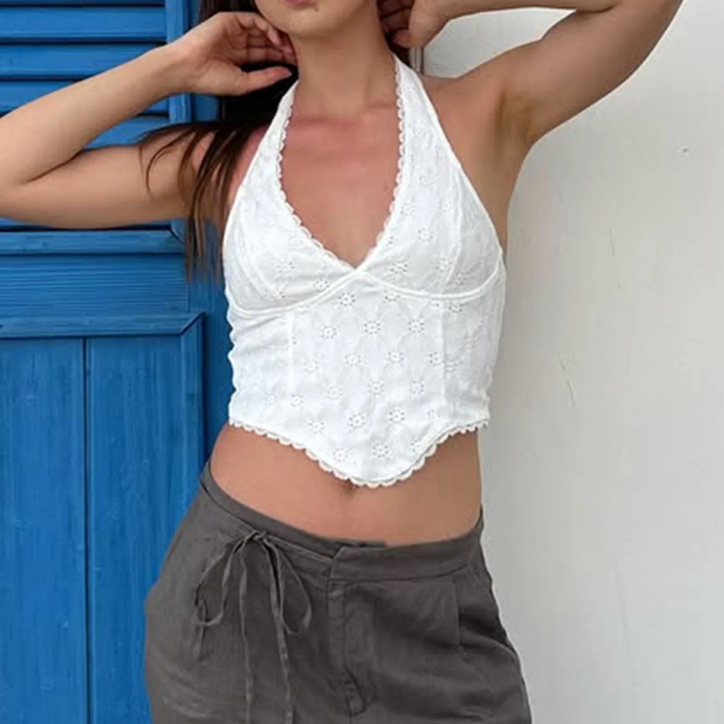 유럽과 미국의 새로운 화이트 자카드 레이스 스티칭 넥 브이넥 슬링 슬림 불규칙 스트랩 베스트 여성 의류