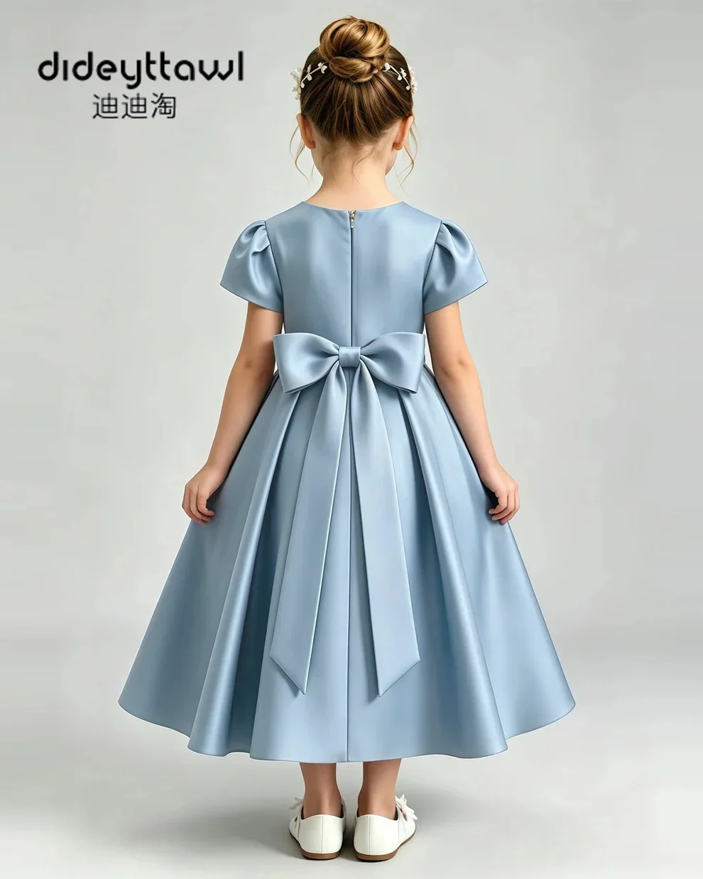 Dideyttawl Square Neck Satin Midi Flower Girl Dress Multi Color Available Back Cutout Bow Formal Gown For Wedding Bridesmaid