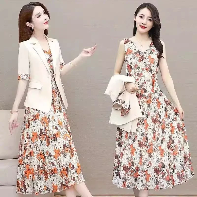 Pink Blazer And Floral Dress Suits 2025 New Ladies Slim Fit Mid Lngth Summer Set Dress Two Piece Set for Women Dress Spring Tdl