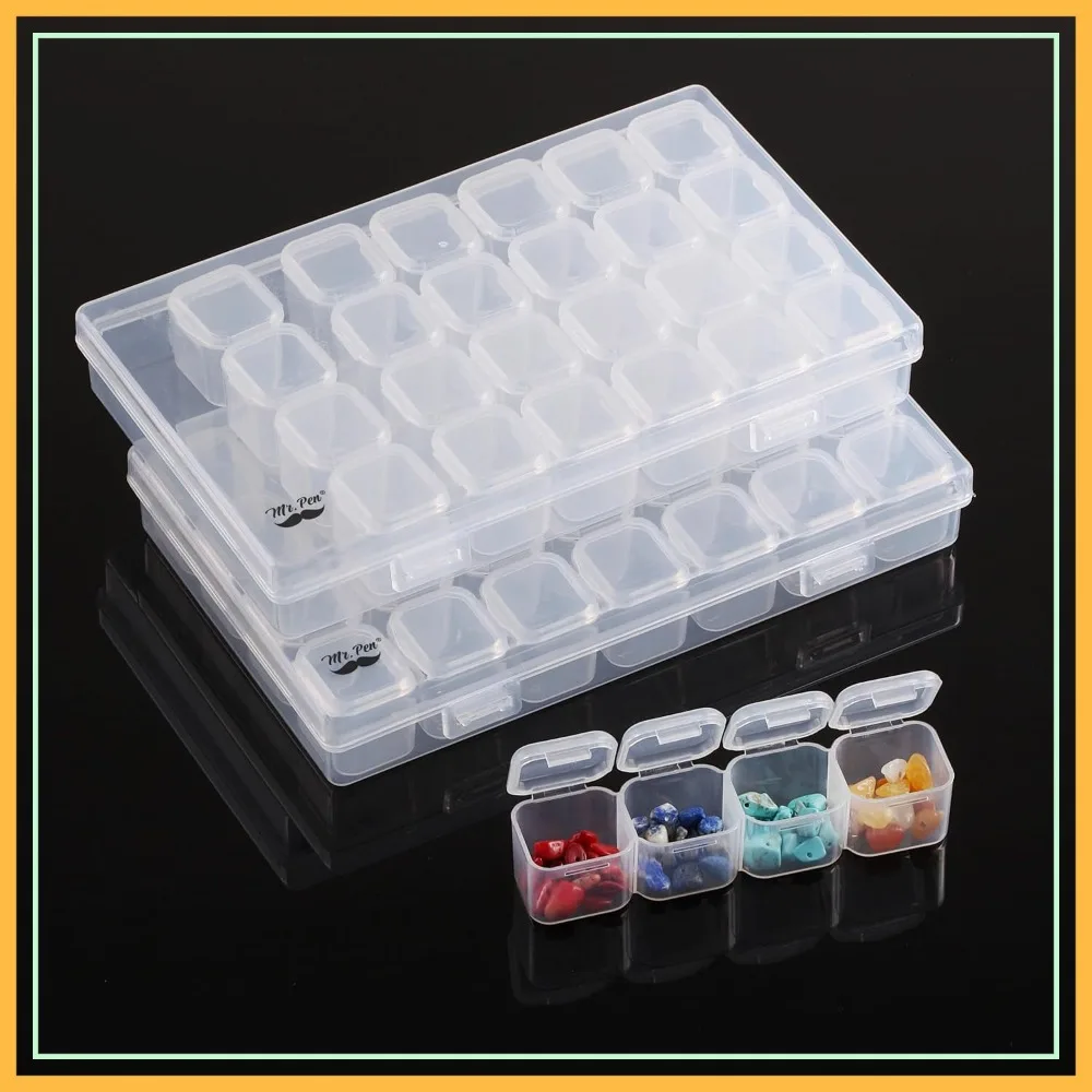 

Bead Storage Containers, 28 Grids, 2 Pack, Clear White, 160pcs Label Stickers, Small Bead Organizer Box, Diamond Art Organizer