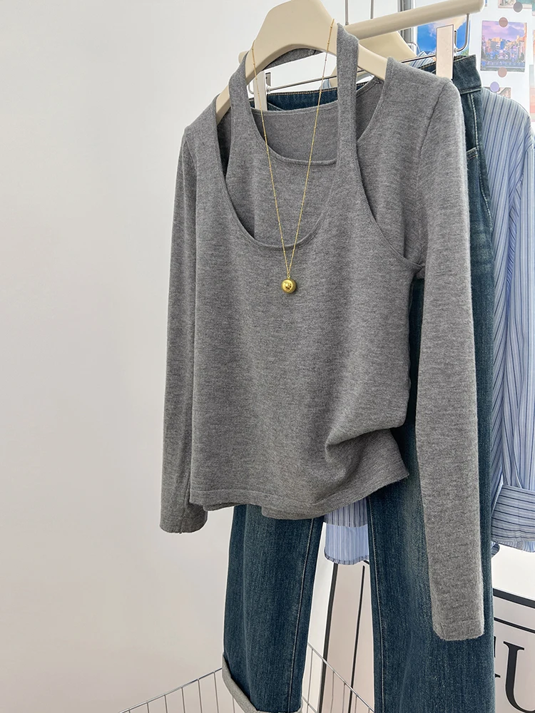 

Женские осенние новые вязаные топы с эффектом двухслойности, однотонные, с длинным рукавом, на бретельках, в корейском стиле, облегающий свитер, женские топы