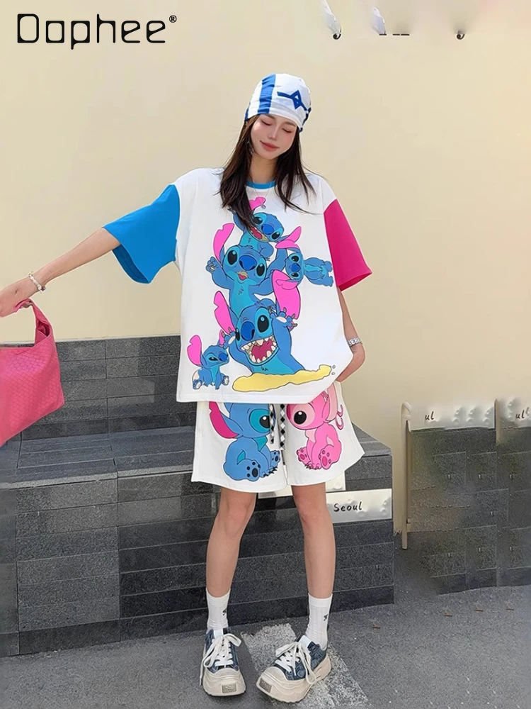 

2025 Summer Loose Casual Shorts Sets Contrasting Color Splicing Tooling Color Matching T-shirt and Shorts Two-piece Sets Women