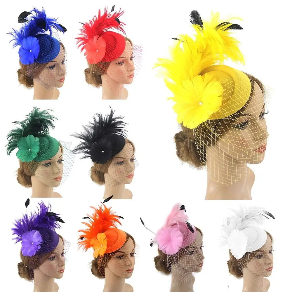 Women Clip Hair Accessories Fascinators Flower Hats Bridal Wedding Headband Mesh Feather Party Headwear