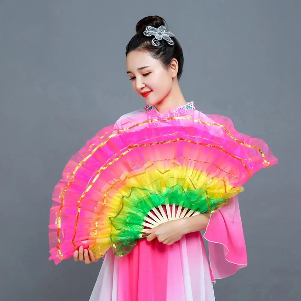 Chinese Belly Dancing Fan Half Circle Silk Veil Pairs Yangko Dance Rayon Silk Fans Bamboo Fans Hand Dye Adults Dancer Practice