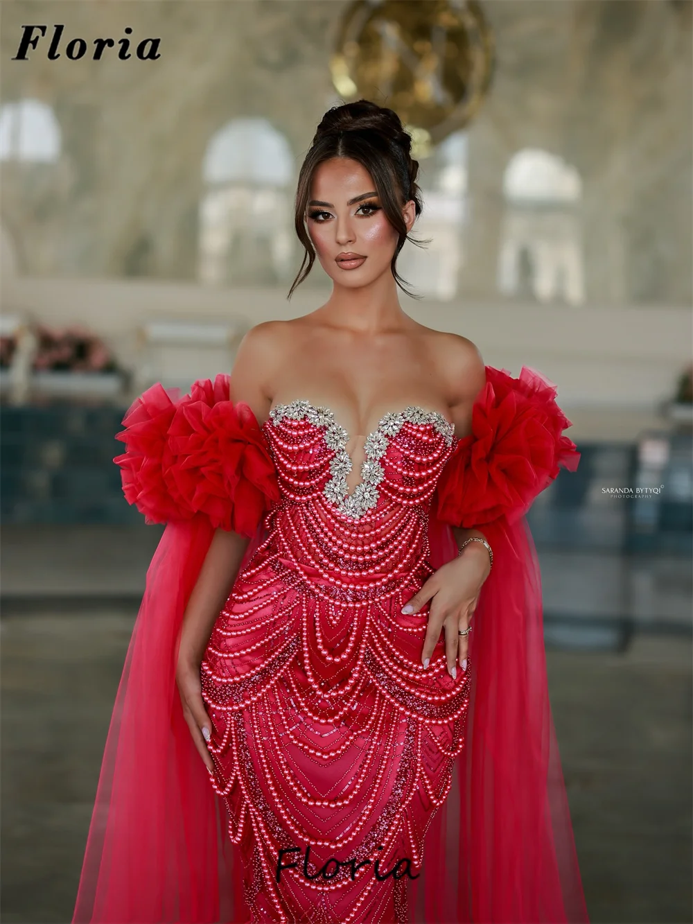 

Fuchsia Off Shoulder Prom Dresses 3D Flowers Women Pearls Evening Dresses Wedding Guest Gowns Vestidos De Festa Customized Party