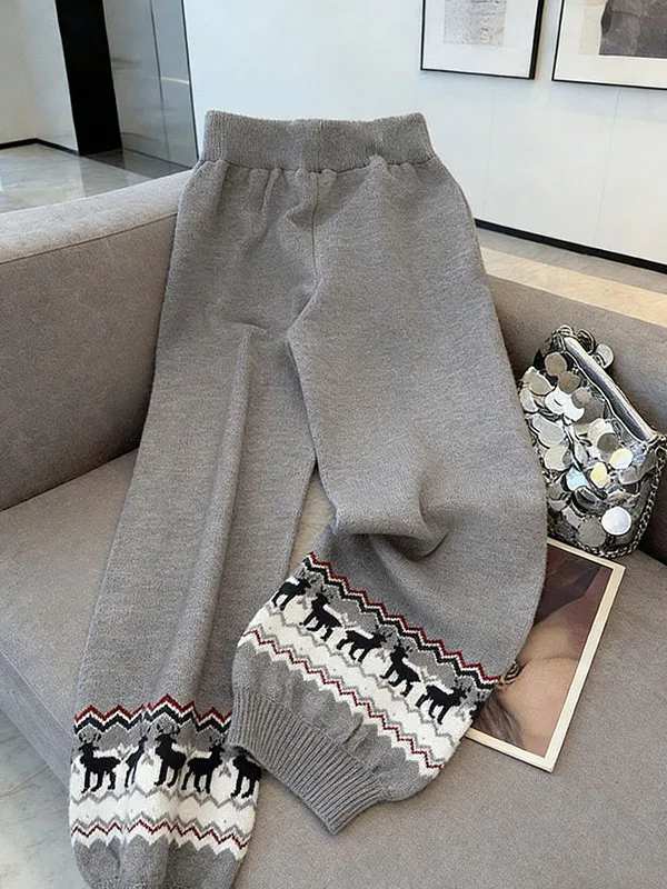 

Корейские высококачественные серые вязаные брюки в стиле Fair Isle, повседневные, с драпировкой, плотные, весенние, модные, универсальные, комфортные, теплые, с высокой талией