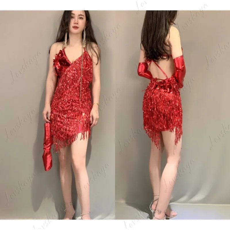 

New Fringed Skirt Latin Dance Dress Sequin Dance Costume Stage Performance Wear Sequin Backless Latin Dance Competition