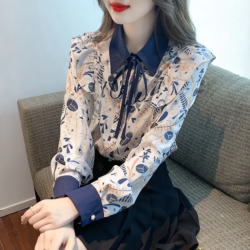 Fashion Printed Button Ruffles Lace Up Bow Shirts Female Clothing 2023 Autumn New Casual All-match Tops Office Lady Blouses