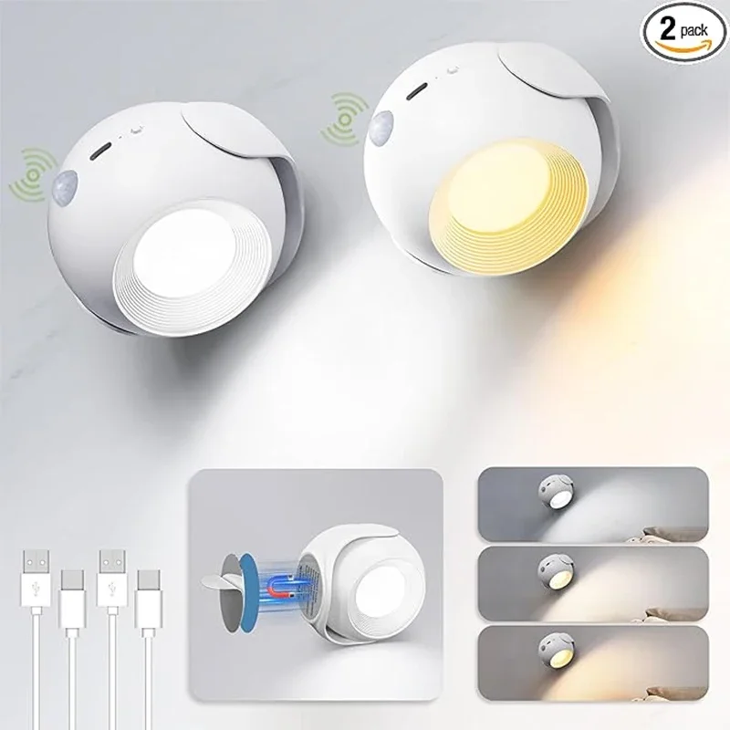 

Led Motion Sensor Wall Lamp Touch 360 Rotatable USB Recharge Wireless Portable Night Light For Bedroom Reading Lamp