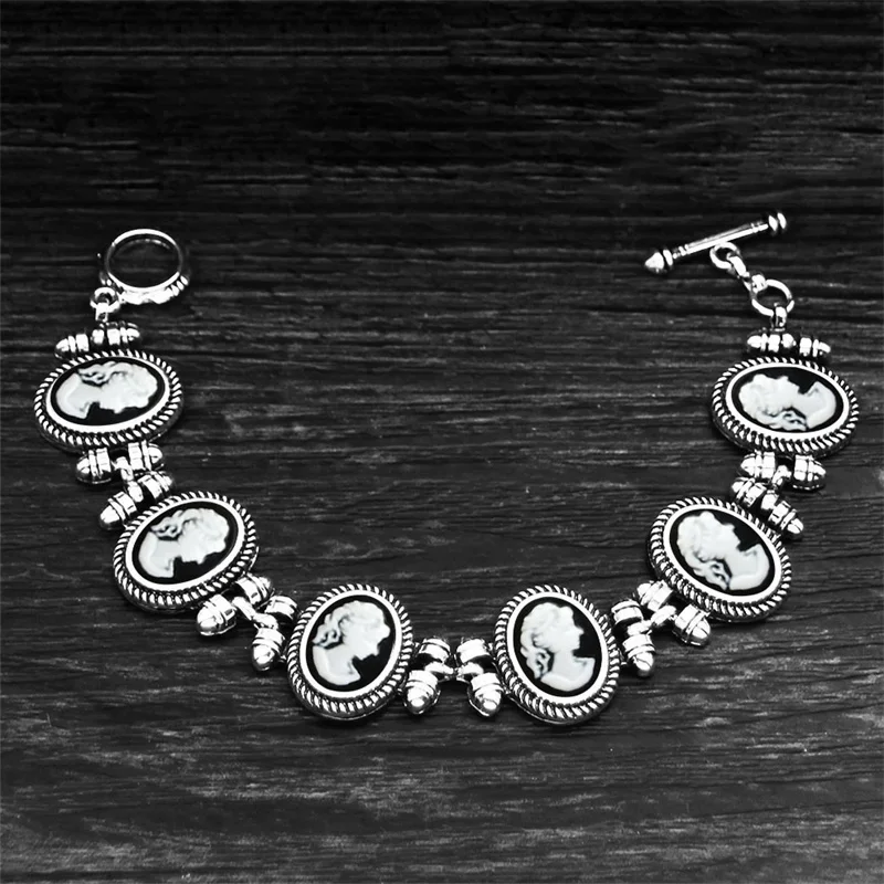 Vintage Oval Lady Queen Cameo Women Bracelet Antqiue Silver Plated Pink White Gray Fashion Cameo Bracelet For Women