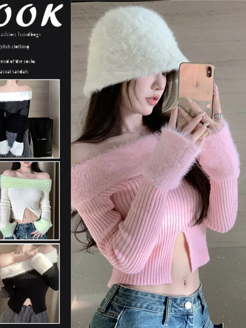 Spicy Girl Split Shoulder Knitted sweater for women's autumn and winter sweaters with a unique niche design A slim fitting J41V